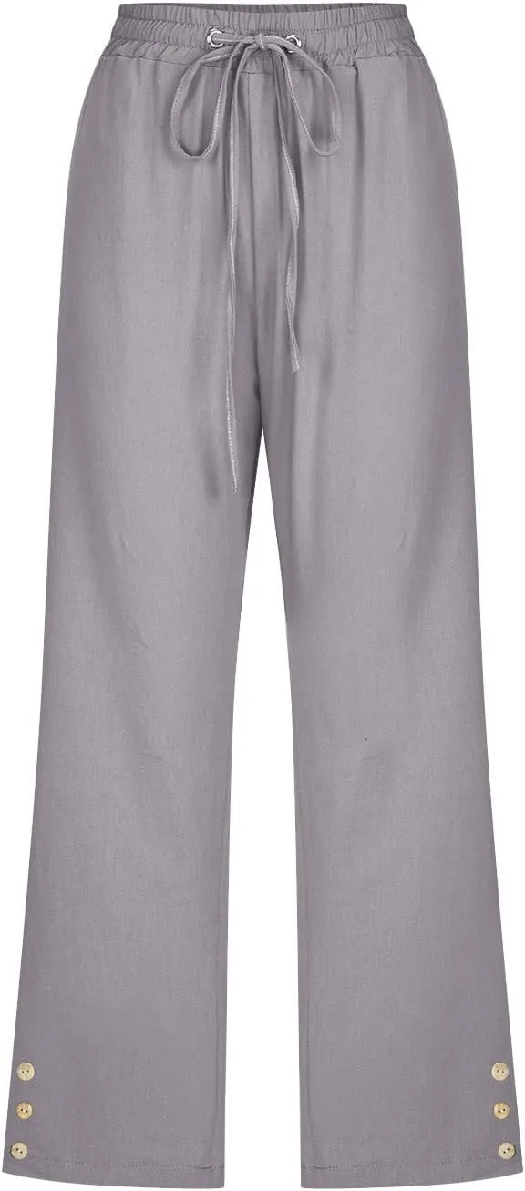 Drawstring Capris for Women Summer Wide Leg Ankle Pants Lightweight Cotton Linen Capri Pants Loose Cropped Trousers