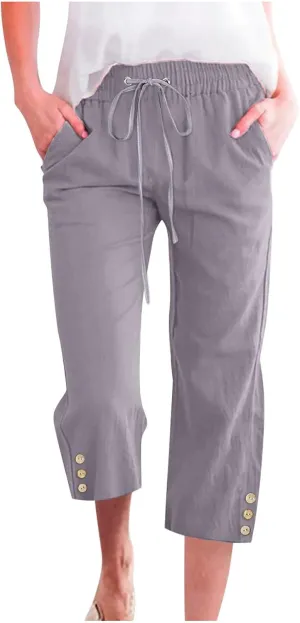 Drawstring Capris for Women Summer Wide Leg Ankle Pants Lightweight Cotton Linen Capri Pants Loose Cropped Trousers