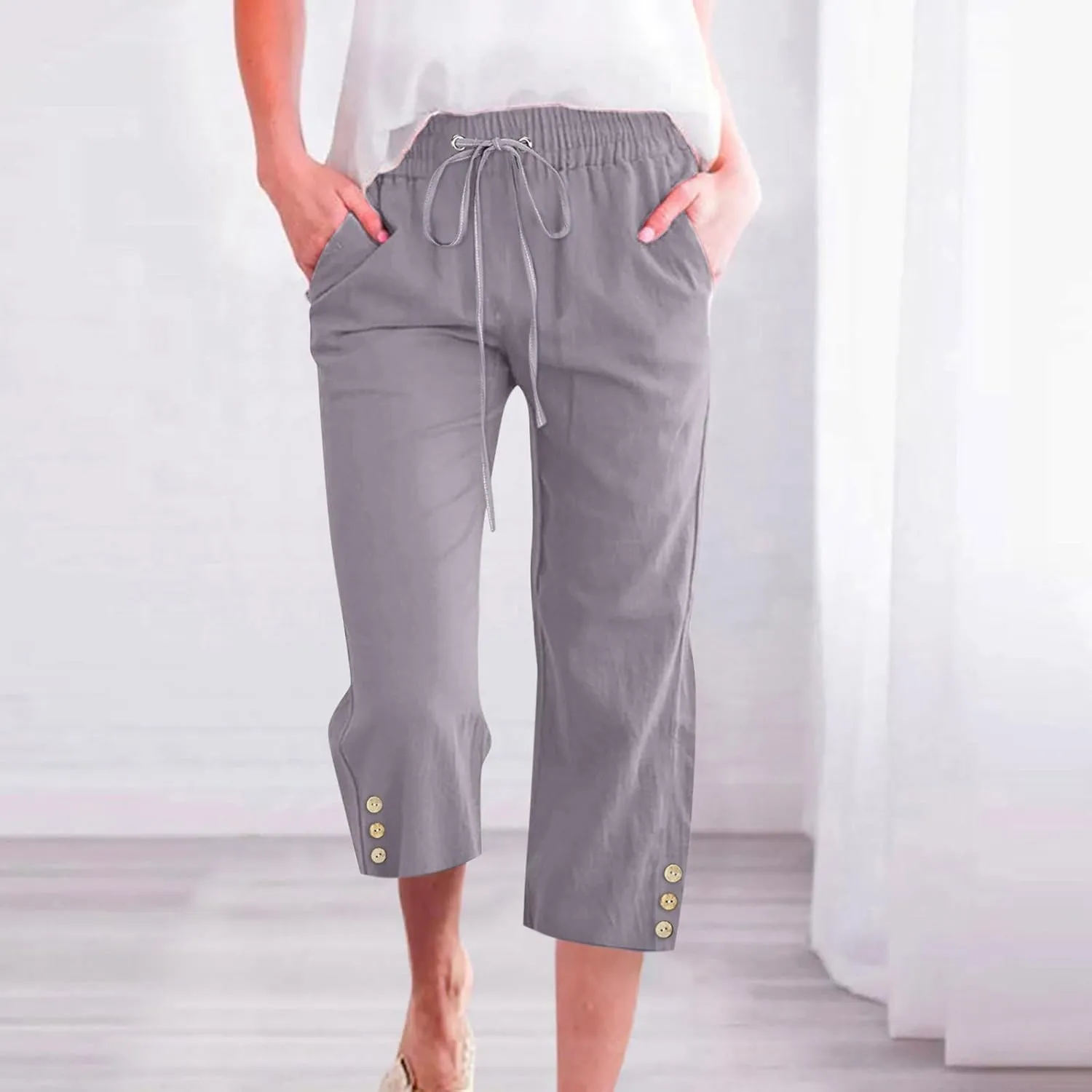 Drawstring Capris for Women Summer Wide Leg Ankle Pants Lightweight Cotton Linen Capri Pants Loose Cropped Trousers
