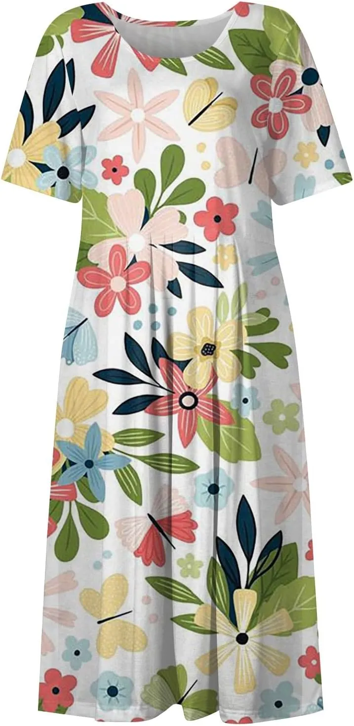 Dresses for Women 2024 Short Sleeve Printed Dresses Pleated Round Neck Maxi Dress Pocket Loose Beach Dress