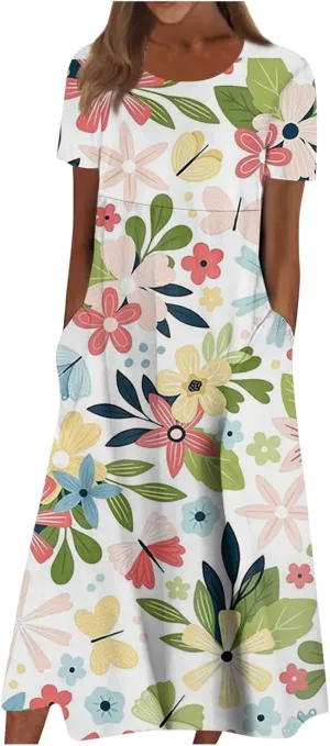 Dresses for Women 2024 Short Sleeve Printed Dresses Pleated Round Neck Maxi Dress Pocket Loose Beach Dress