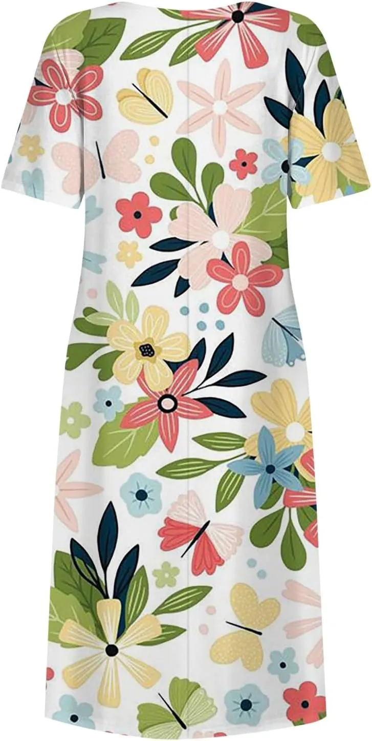 Dresses for Women 2024 Short Sleeve Printed Dresses Pleated Round Neck Maxi Dress Pocket Loose Beach Dress