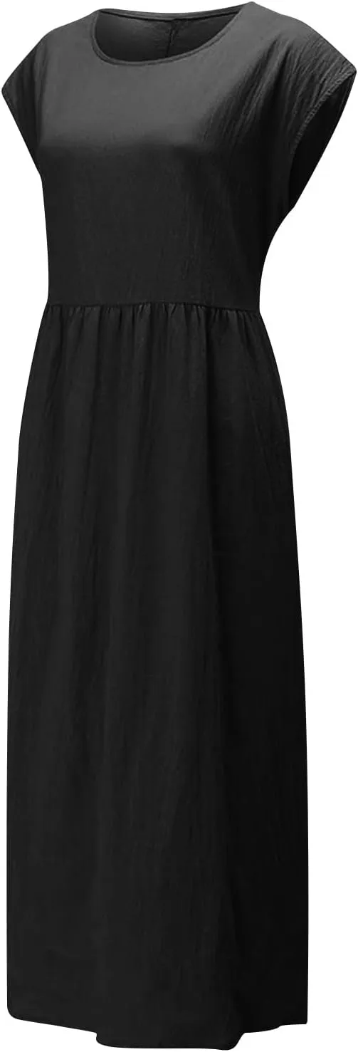 Dresses for Women 2025 Summer Plus Size Cotton Linen Solid Dress Crew Neck Loose Casual Beach Vacation Midi Dress