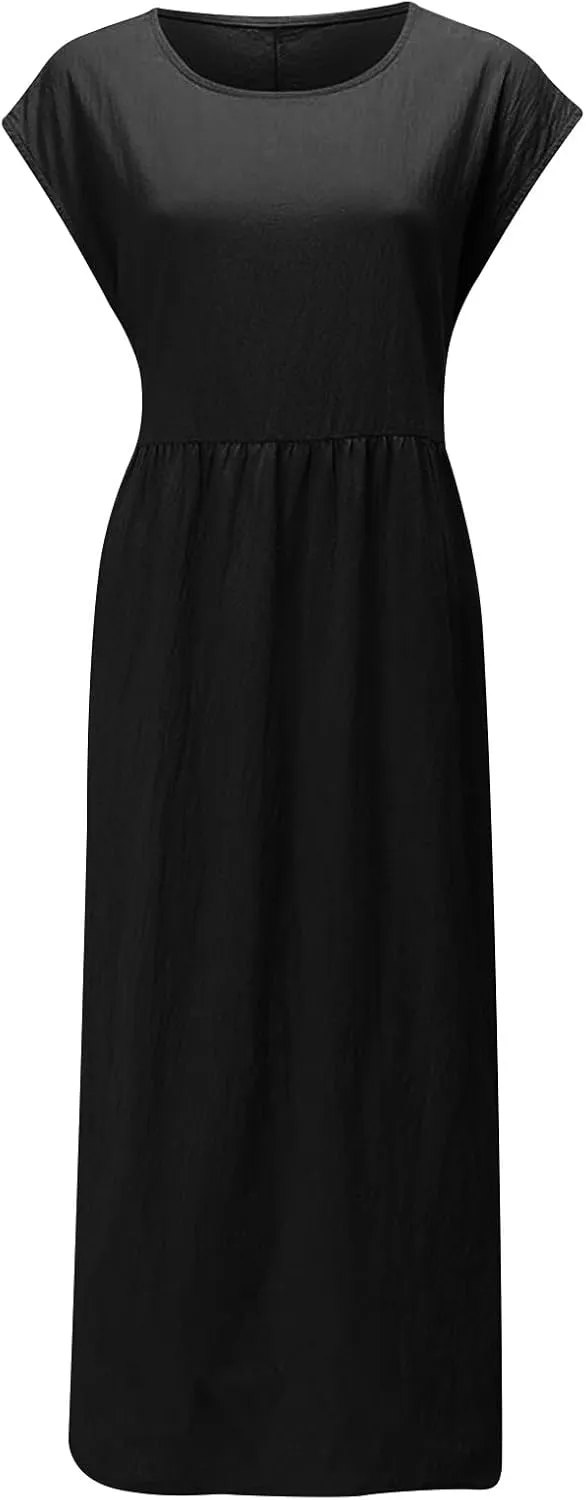 Dresses for Women 2025 Summer Plus Size Cotton Linen Solid Dress Crew Neck Loose Casual Beach Vacation Midi Dress