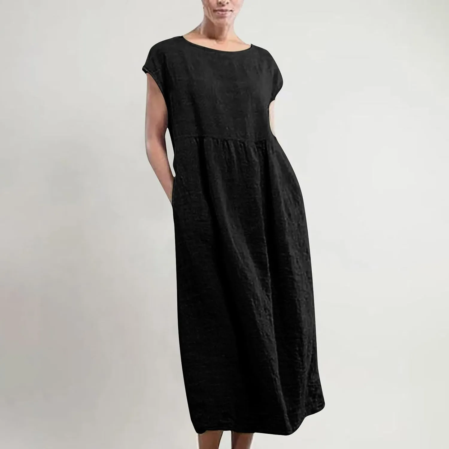 Dresses for Women 2025 Summer Plus Size Cotton Linen Solid Dress Crew Neck Loose Casual Beach Vacation Midi Dress
