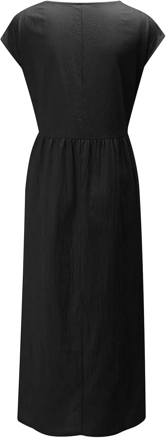 Dresses for Women 2025 Summer Plus Size Cotton Linen Solid Dress Crew Neck Loose Casual Beach Vacation Midi Dress