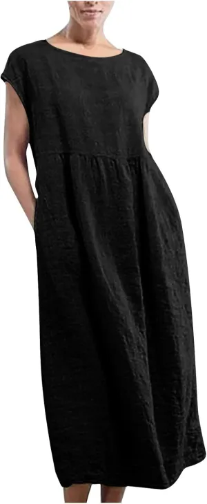 Dresses for Women 2025 Summer Plus Size Cotton Linen Solid Dress Crew Neck Loose Casual Beach Vacation Midi Dress