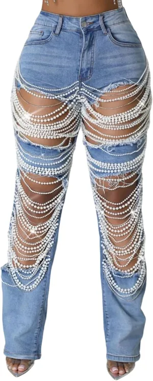 Famnbro Womens Pearl Jeans Ripped Baggy Y2k High Waisted Straight Wide Leg Sexy Denim Pants with Rhinestone