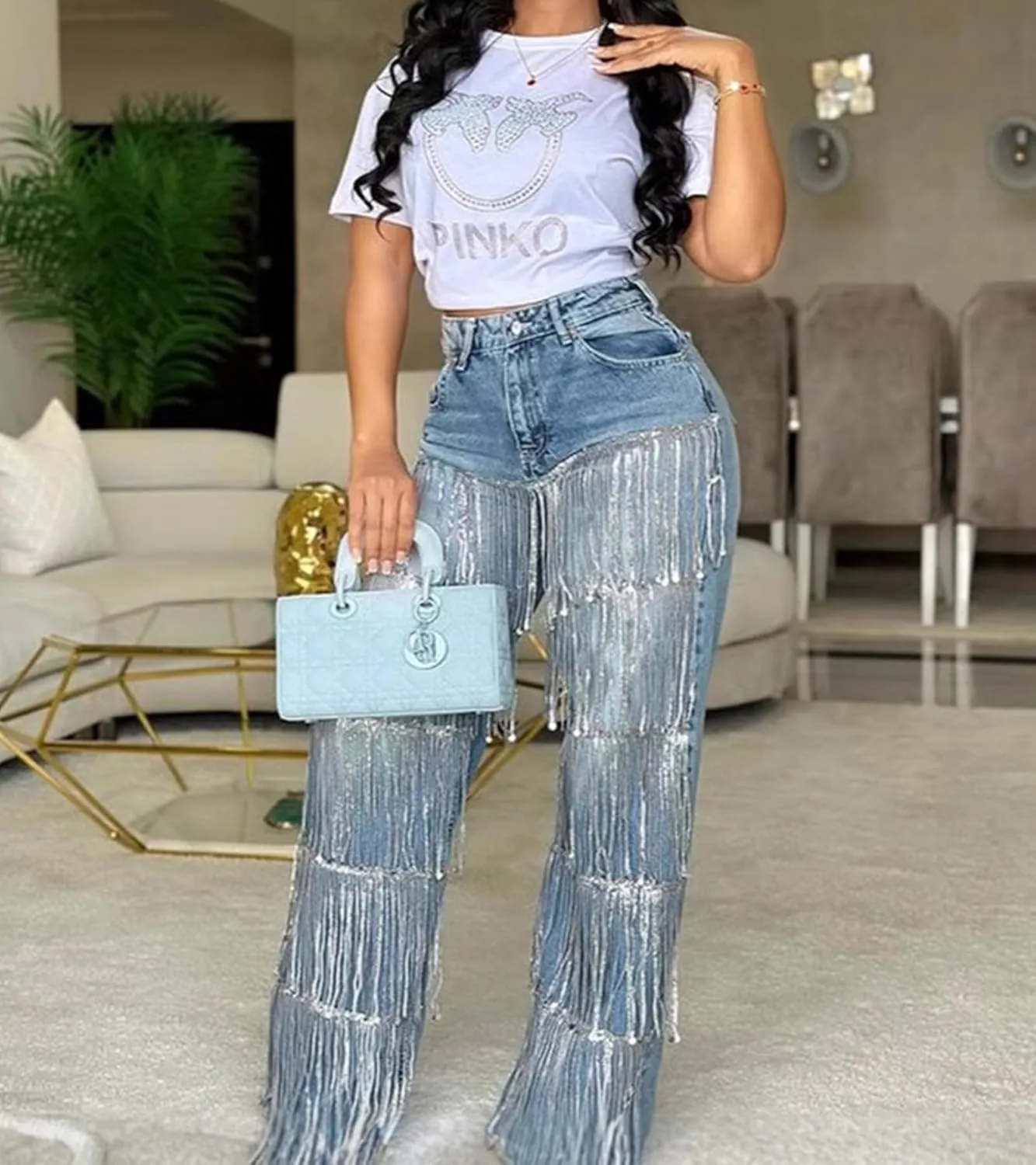 Famnbro Womens Sequin Tassels Jeans Baggy Y2K High Waisted Straight Wide Leg Fringe Raw Hem Denim Pants