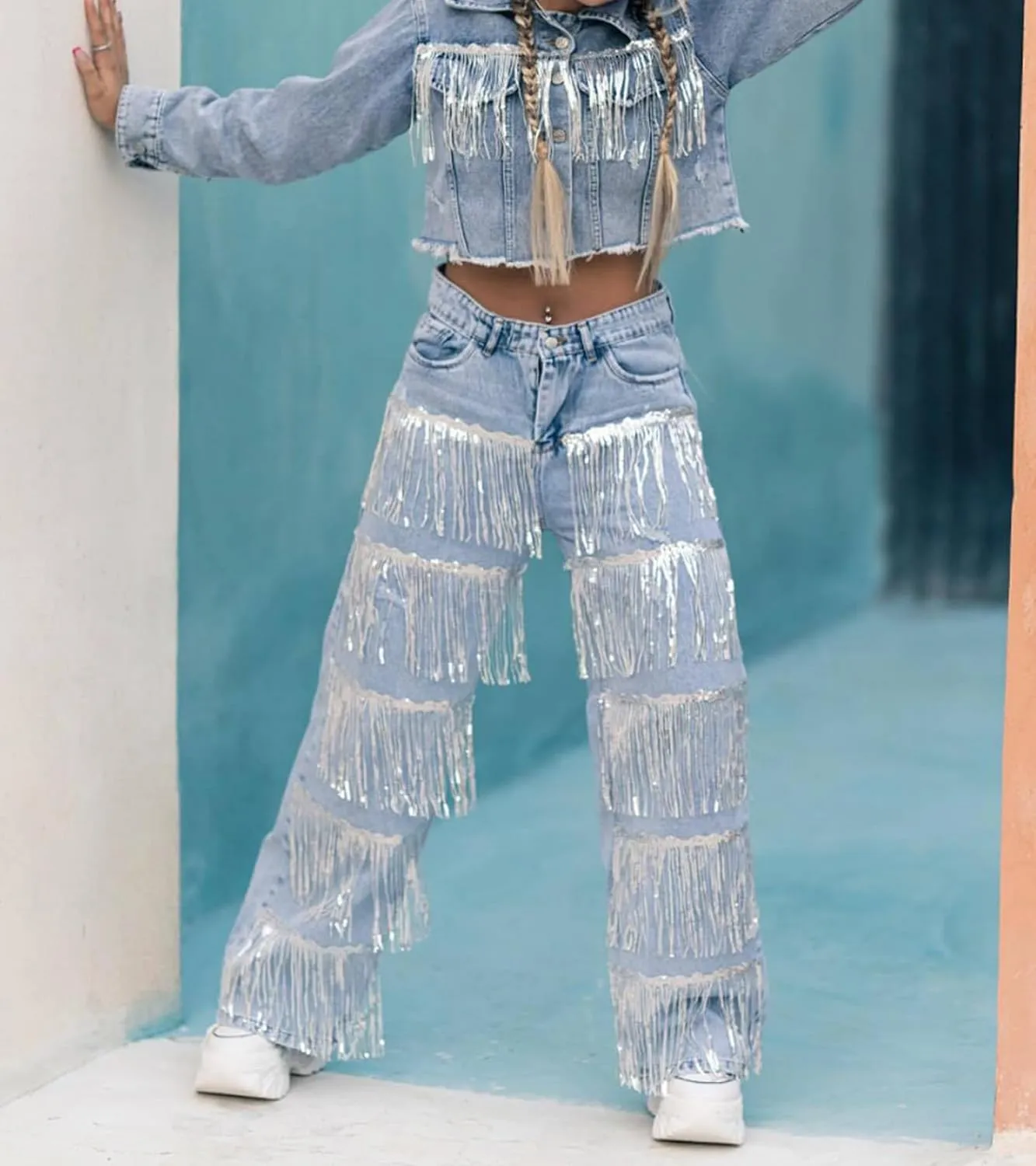 Famnbro Womens Sequin Tassels Jeans Baggy Y2K High Waisted Straight Wide Leg Fringe Raw Hem Denim Pants