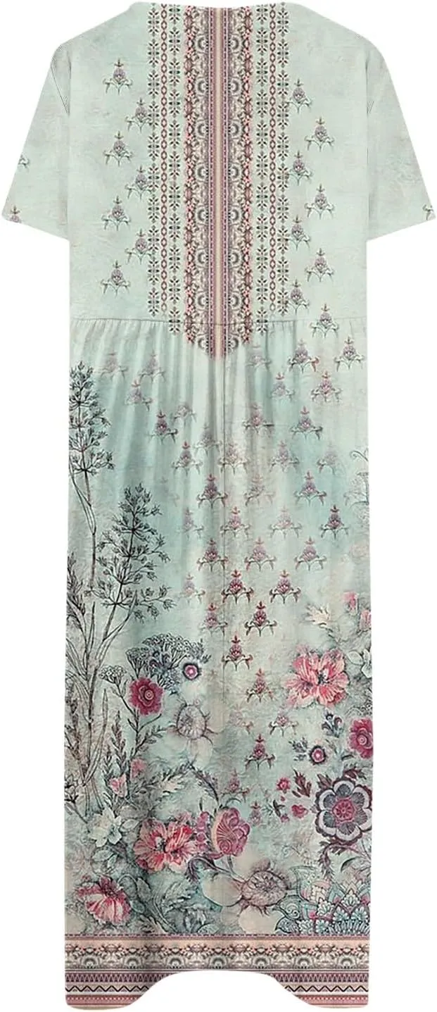 FlekmanArt Women's 2025 Summer Maxi Dress, Pocket Printed, Pleated Round Neck, Short Sleeve, Casual, Long Dress