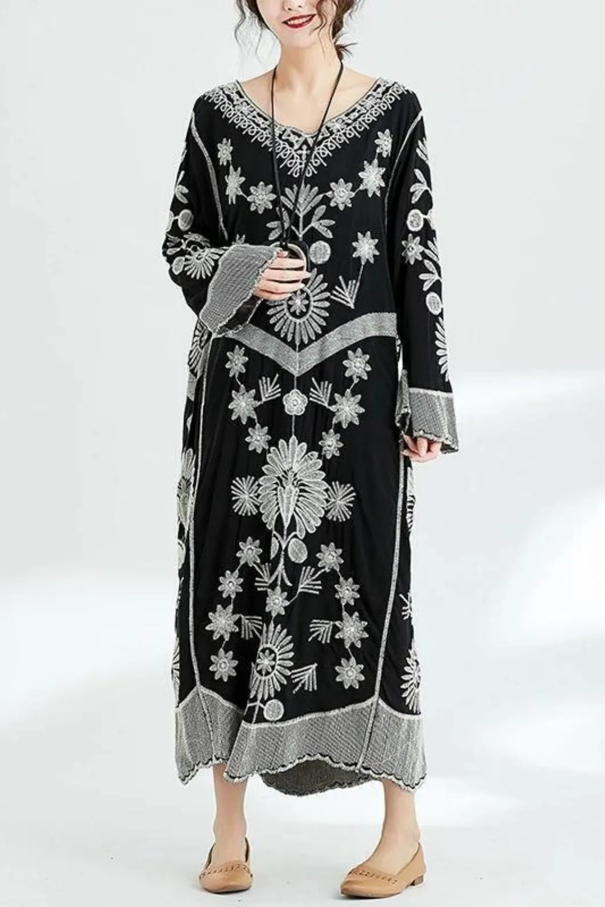 French black print v neck baggy chiffon robes spring Dresses