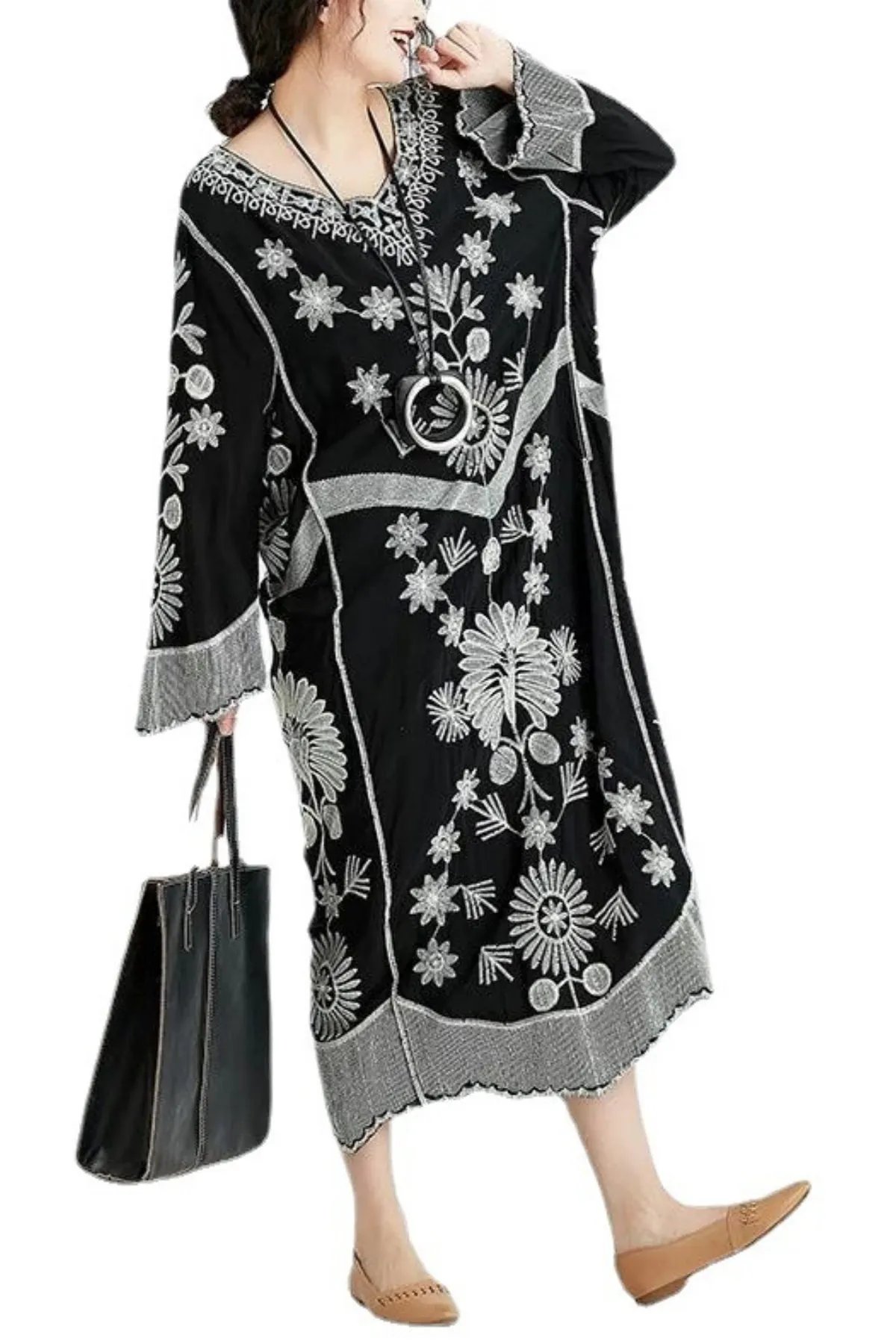 French black print v neck baggy chiffon robes spring Dresses