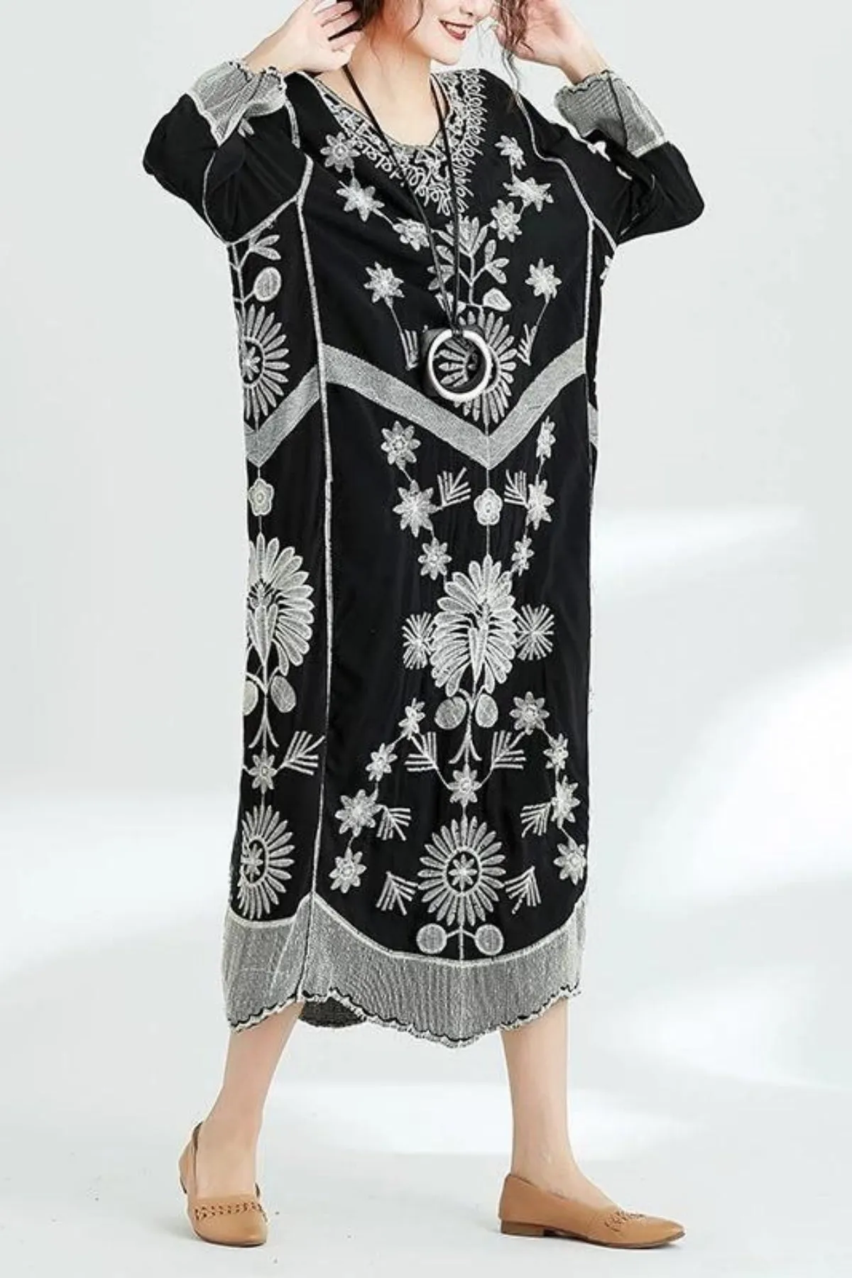 French black print v neck baggy chiffon robes spring Dresses