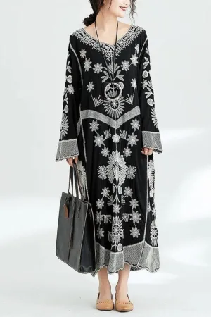 French black print v neck baggy chiffon robes spring Dresses