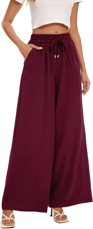FUNYYZO 2025 Women Palazzo Pants High Waist Casual Wide Leg Long Lounge Pull On Trousers with Pocket