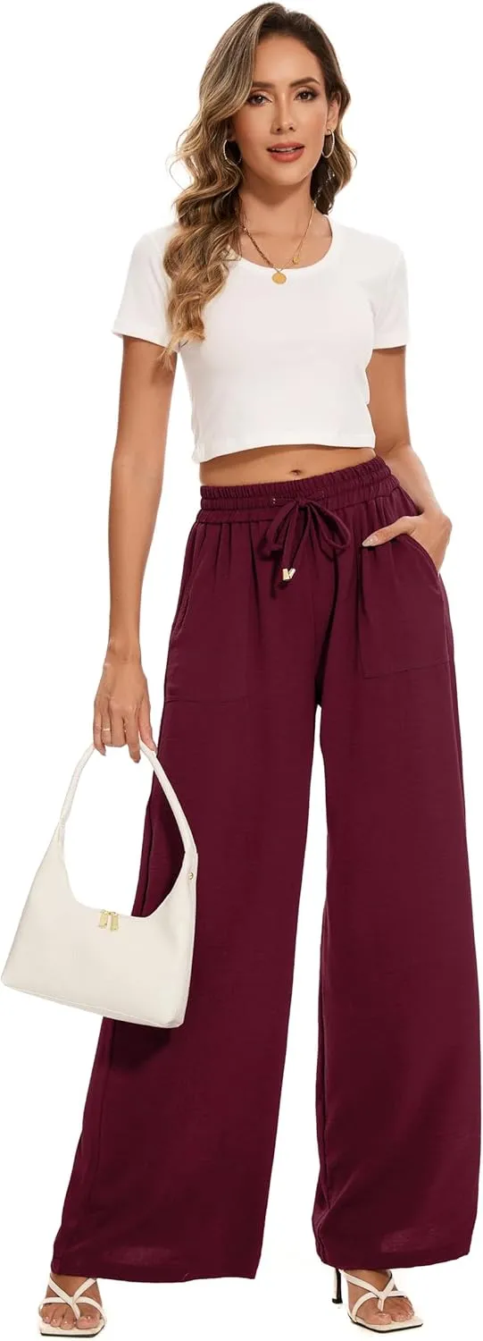 FUNYYZO 2025 Women Palazzo Pants High Waist Casual Wide Leg Long Lounge Pull On Trousers with Pocket