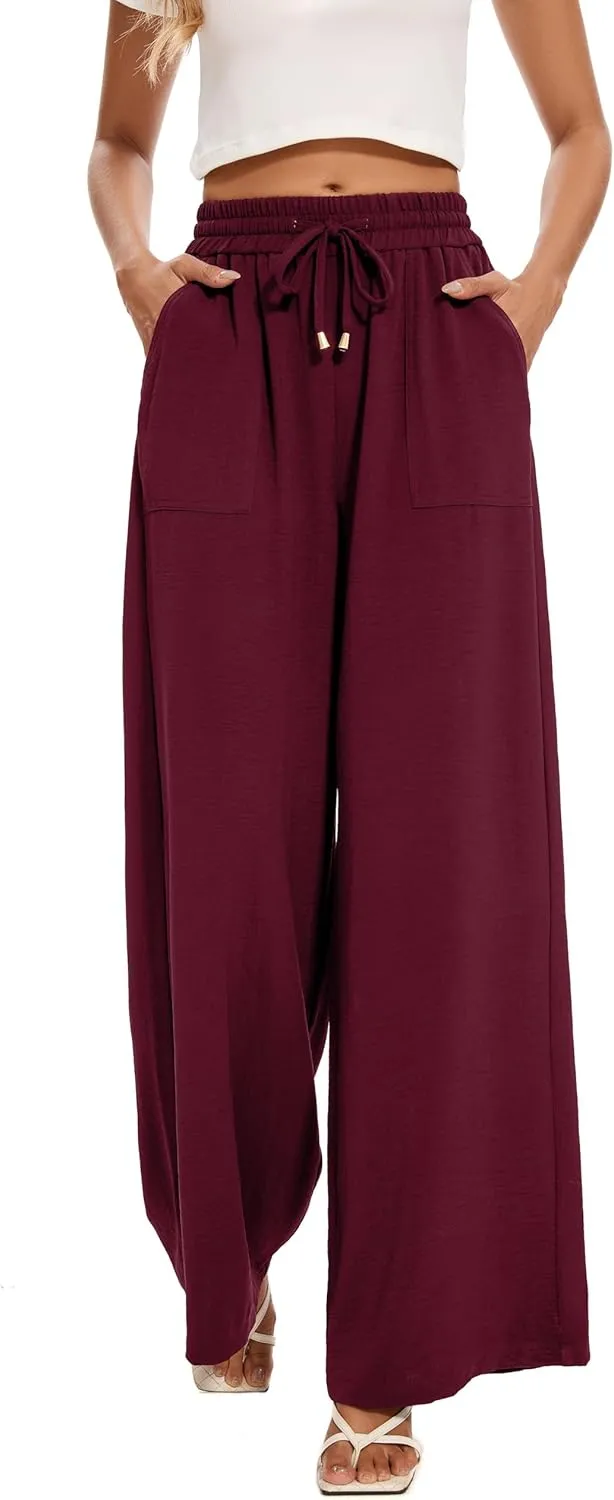 FUNYYZO 2025 Women Palazzo Pants High Waist Casual Wide Leg Long Lounge Pull On Trousers with Pocket