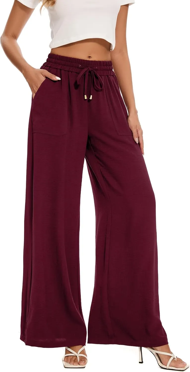 FUNYYZO 2025 Women Palazzo Pants High Waist Casual Wide Leg Long Lounge Pull On Trousers with Pocket