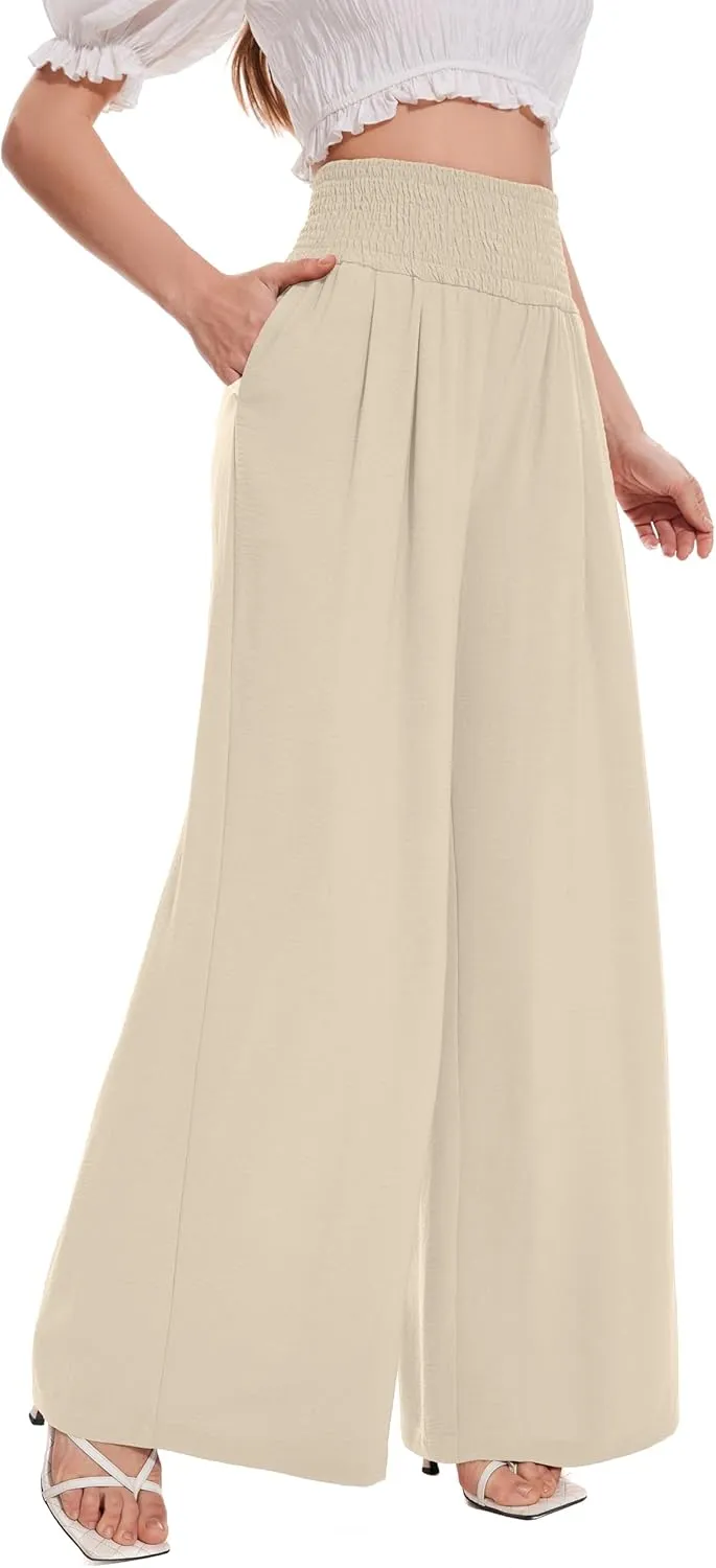 FUNYYZO Women Pull On Pants Elastic Waisted Casual Wide Leg Long Lounge Trousers with Pocket Beach Wear