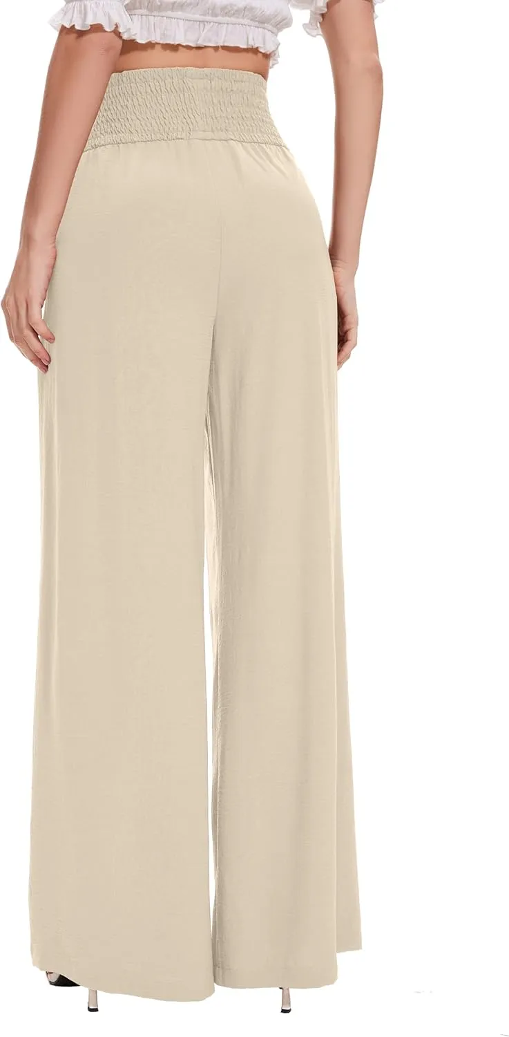 FUNYYZO Women Pull On Pants Elastic Waisted Casual Wide Leg Long Lounge Trousers with Pocket Beach Wear