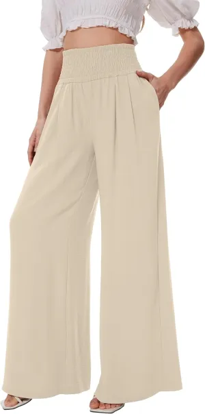 FUNYYZO Women Pull On Pants Elastic Waisted Casual Wide Leg Long Lounge Trousers with Pocket Beach Wear