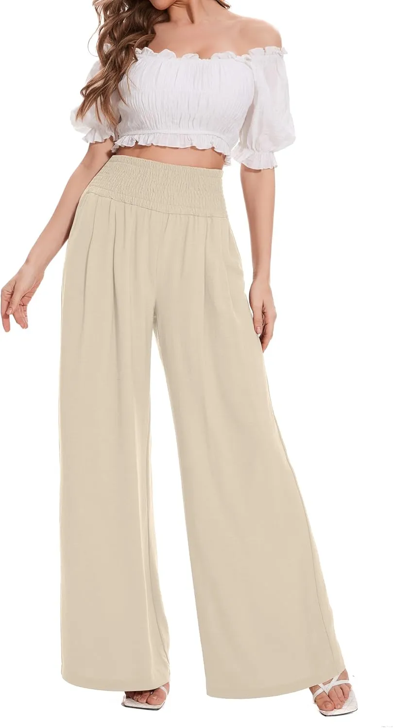 FUNYYZO Women Pull On Pants Elastic Waisted Casual Wide Leg Long Lounge Trousers with Pocket Beach Wear
