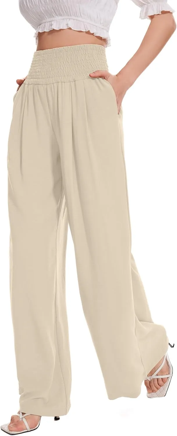 FUNYYZO Women Pull On Pants Elastic Waisted Casual Wide Leg Long Lounge Trousers with Pocket Beach Wear