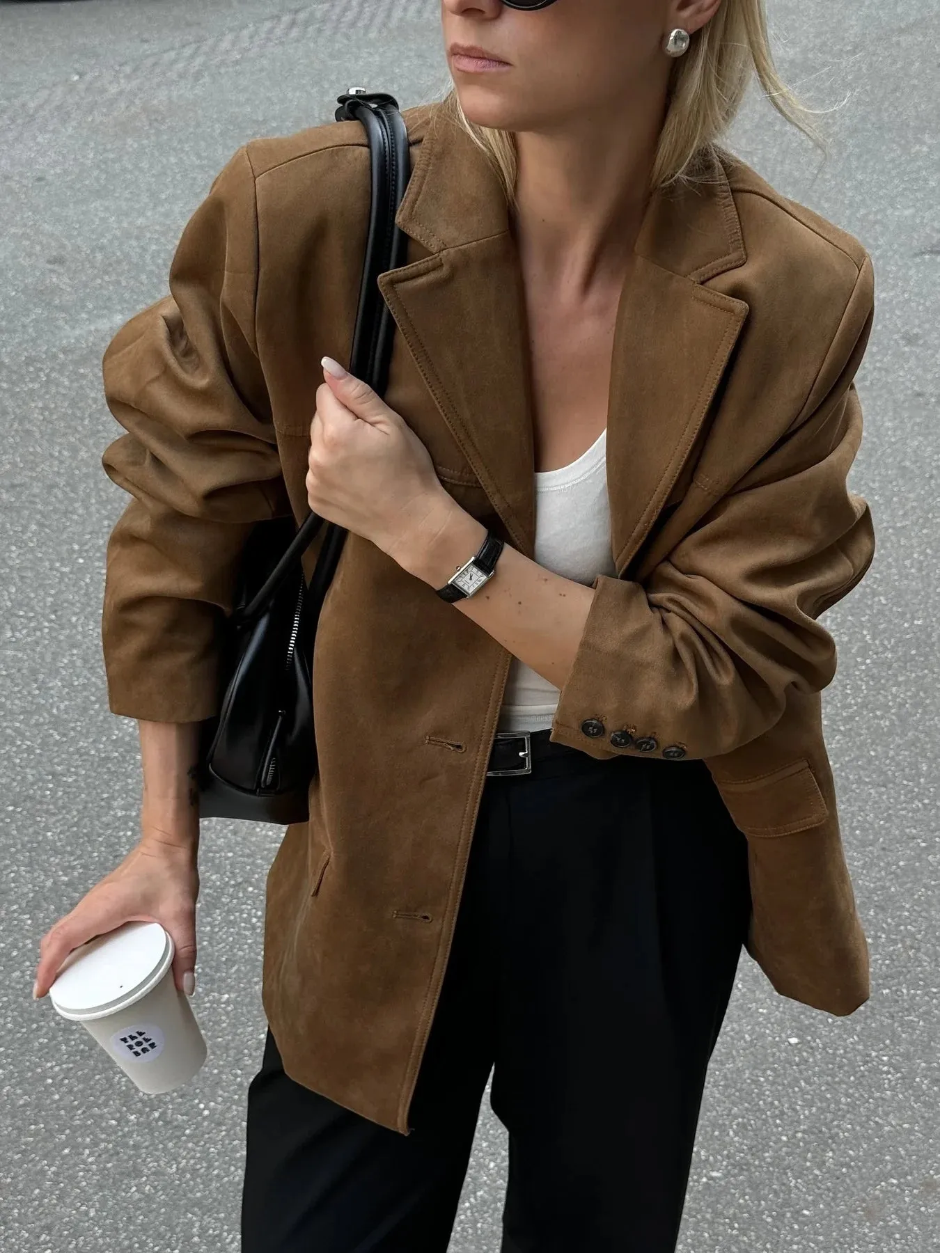 Girlary Old Money Style Blazers Woman Korean Fashion Suede Blazer Luxury Clothes Single Breasted Blazers Long Sleeve Blazer Brown