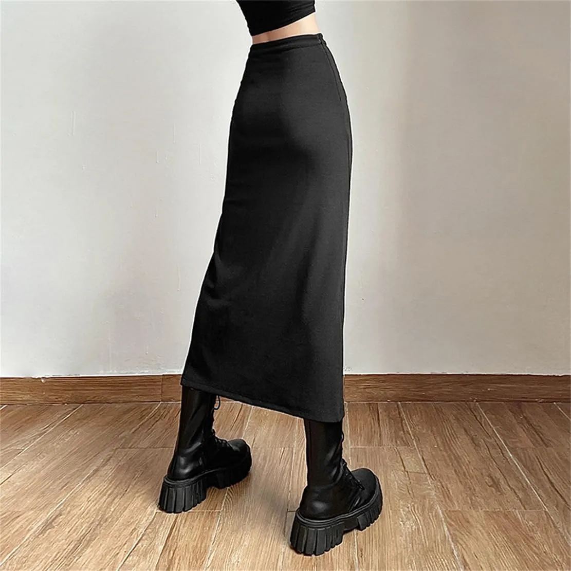Gothic Women High Waist A Line Skirt Y2K Casual Stretchy Black Ruffle Pleated Flared Skirts