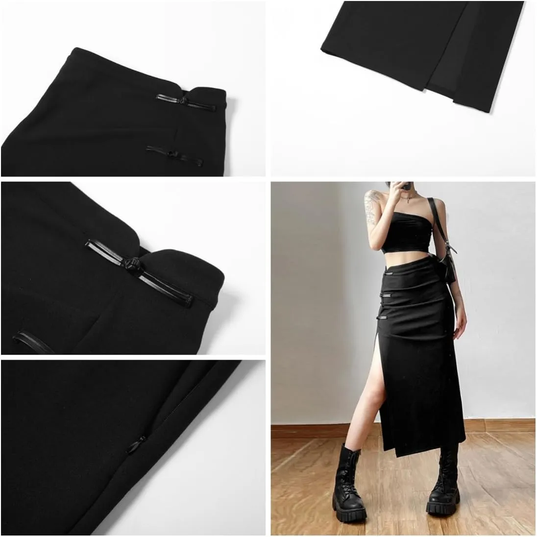 Gothic Women High Waist A Line Skirt Y2K Casual Stretchy Black Ruffle Pleated Flared Skirts