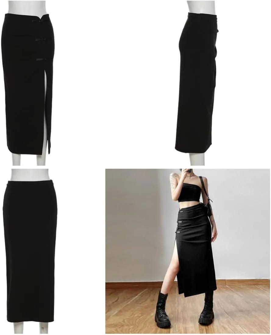 Gothic Women High Waist A Line Skirt Y2K Casual Stretchy Black Ruffle Pleated Flared Skirts