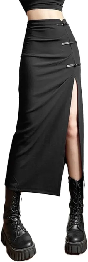 Gothic Women High Waist A Line Skirt Y2K Casual Stretchy Black Ruffle Pleated Flared Skirts
