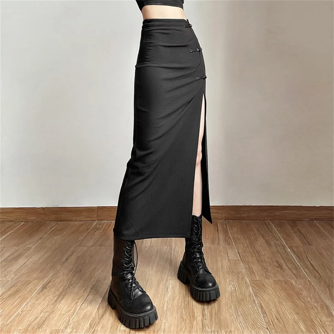 Gothic Women High Waist A Line Skirt Y2K Casual Stretchy Black Ruffle Pleated Flared Skirts