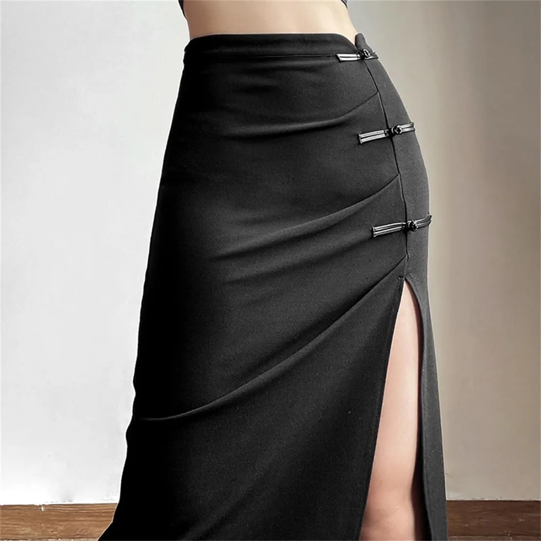 Gothic Women High Waist A Line Skirt Y2K Casual Stretchy Black Ruffle Pleated Flared Skirts