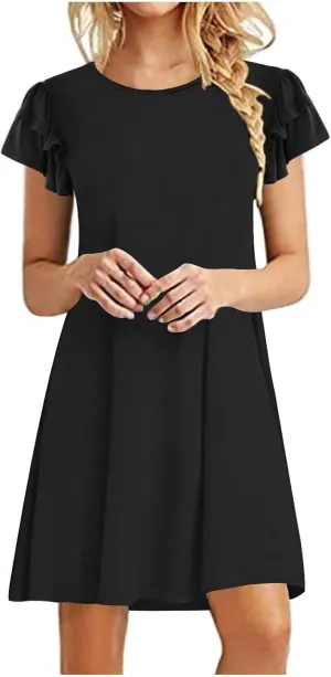 HGps8w Women 2025 Mini Dresses Summer Casual Ruffle Short Sleeve Cute Crew Neck Solid Color Flowy Dress with Pockets