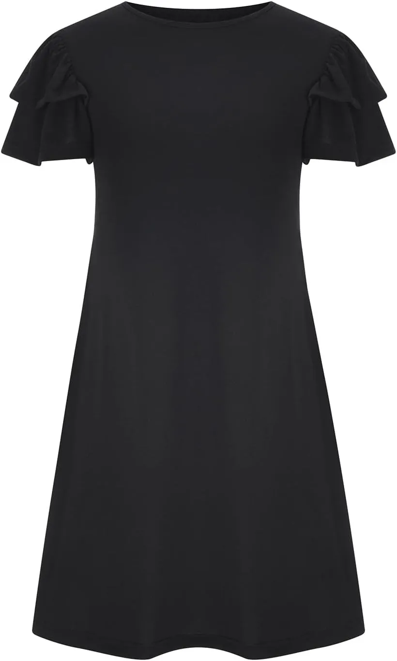 HGps8w Women 2025 Mini Dresses Summer Casual Ruffle Short Sleeve Cute Crew Neck Solid Color Flowy Dress with Pockets