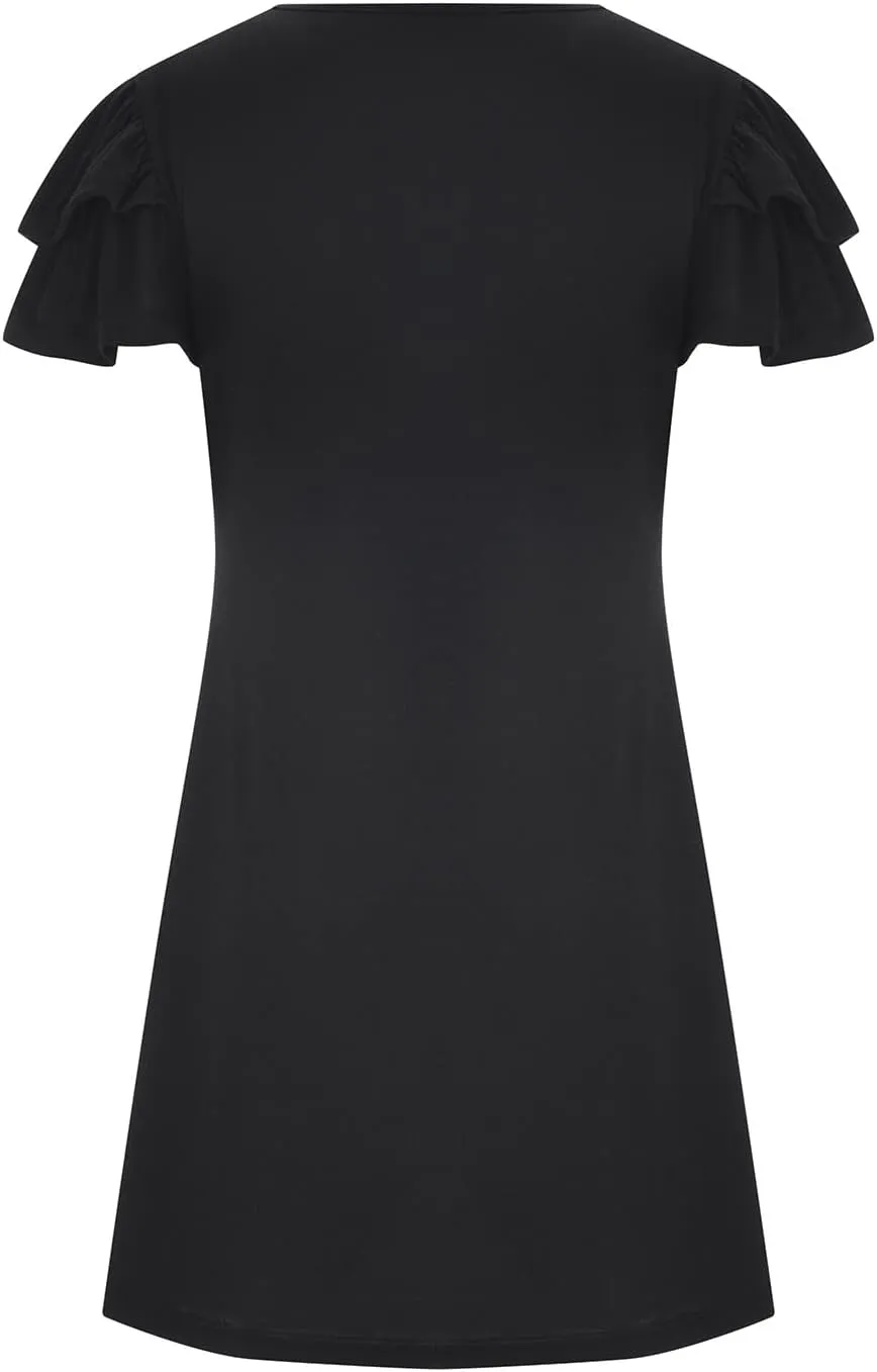 HGps8w Women 2025 Mini Dresses Summer Casual Ruffle Short Sleeve Cute Crew Neck Solid Color Flowy Dress with Pockets