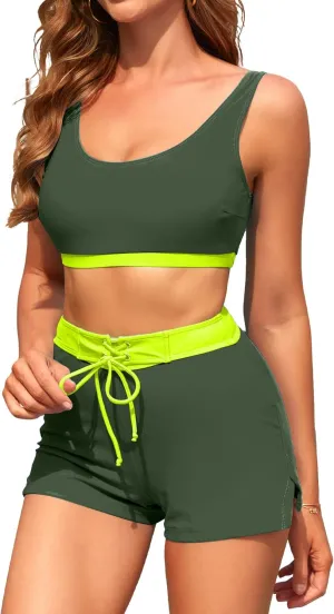High Waisted Bikini Sets with Shorts Two Piece Swimsuits Full Coverage Bathing Suit Tummy Control Tankini