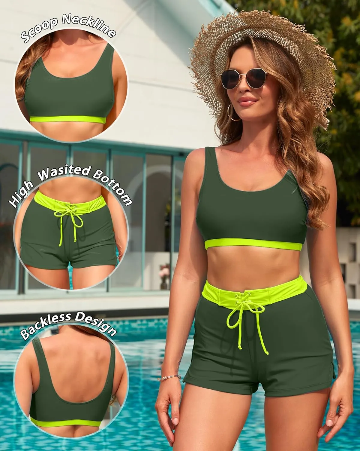 High Waisted Bikini Sets with Shorts Two Piece Swimsuits Full Coverage Bathing Suit Tummy Control Tankini