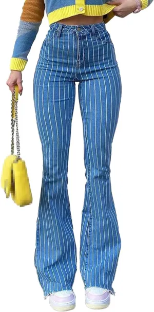 High Waisted Striped Bell Bottom Jeans for Women Stretchy Hem Raw Vintage Wide Leg Flared Denim Pants