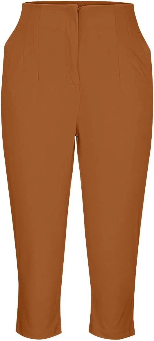 Hvyesh Womens Business Casual Capri Pants Summer Trendy 2025 Pleated High Waisted Capris for Women Wide Leg