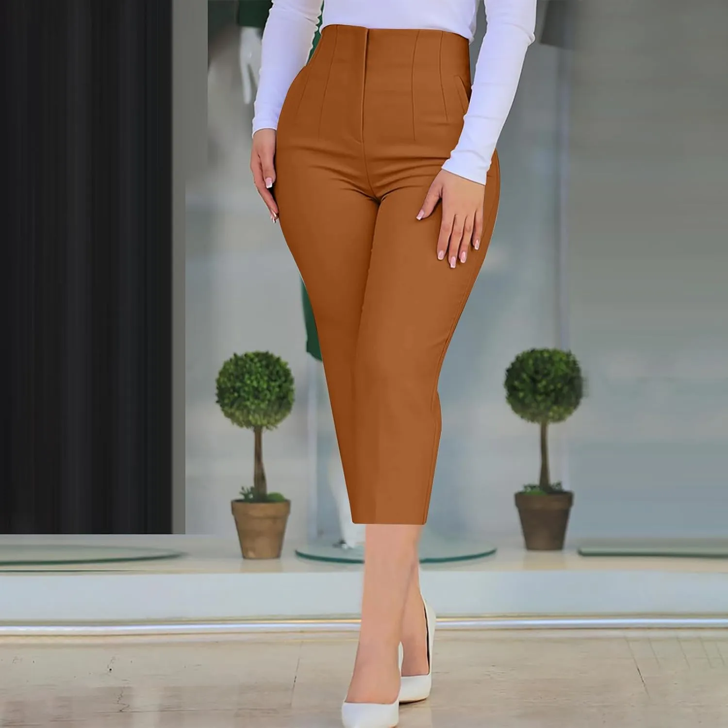 Hvyesh Womens Business Casual Capri Pants Summer Trendy 2025 Pleated High Waisted Capris for Women Wide Leg
