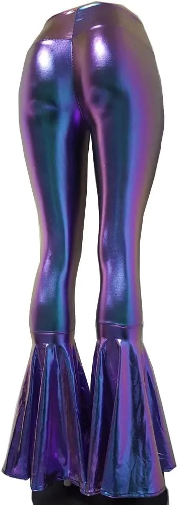 Iridescent Mermaid Scale Party Halloween Costumes Holographic High Waisted Wide Leg Yoga Bell Bottoms Flare Pants Leggings