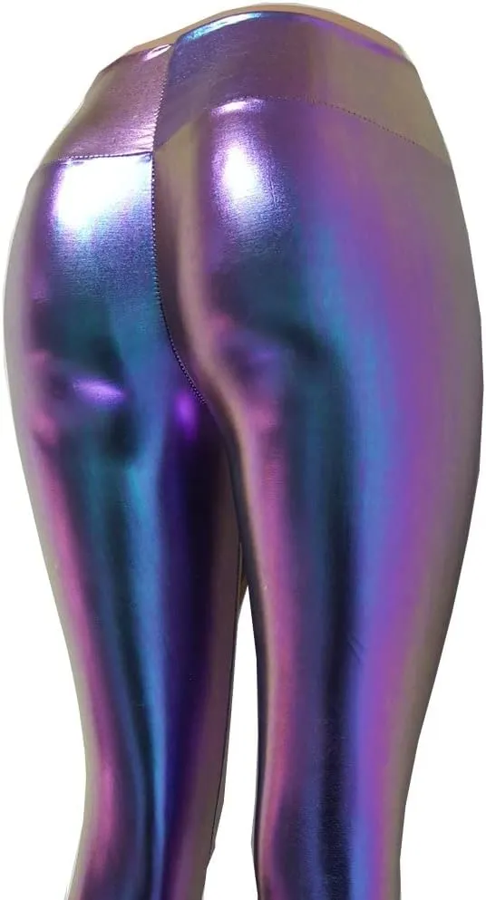 Iridescent Mermaid Scale Party Halloween Costumes Holographic High Waisted Wide Leg Yoga Bell Bottoms Flare Pants Leggings