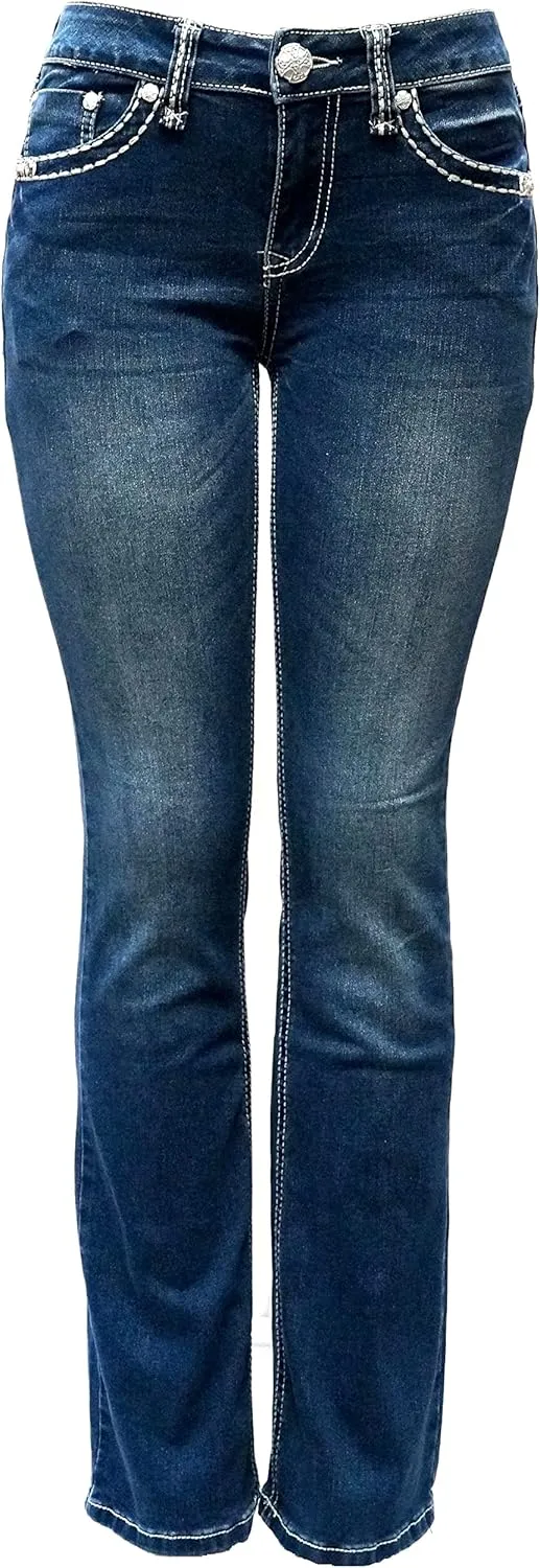 Jack David/LA Idol/Sexy Couture Women's Rhinestone Mid Rise Bootcut/Skinny Blue Stretchy Denim Jeans Pants