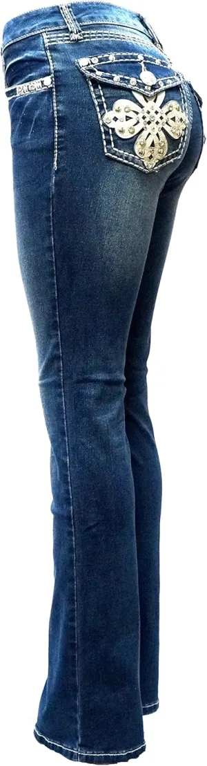 Jack David/LA Idol/Sexy Couture Women's Rhinestone Mid Rise Bootcut/Skinny Blue Stretchy Denim Jeans Pants