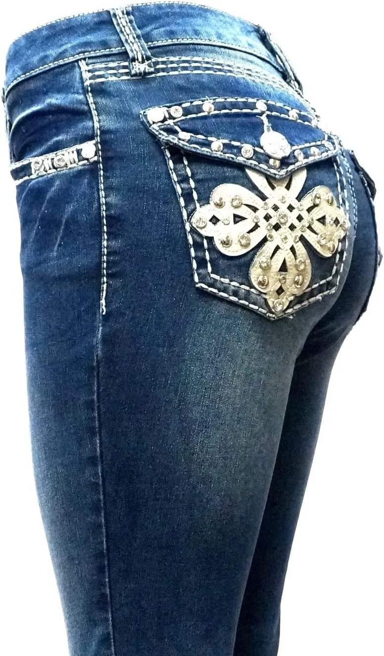 Jack David/LA Idol/Sexy Couture Women's Rhinestone Mid Rise Bootcut/Skinny Blue Stretchy Denim Jeans Pants