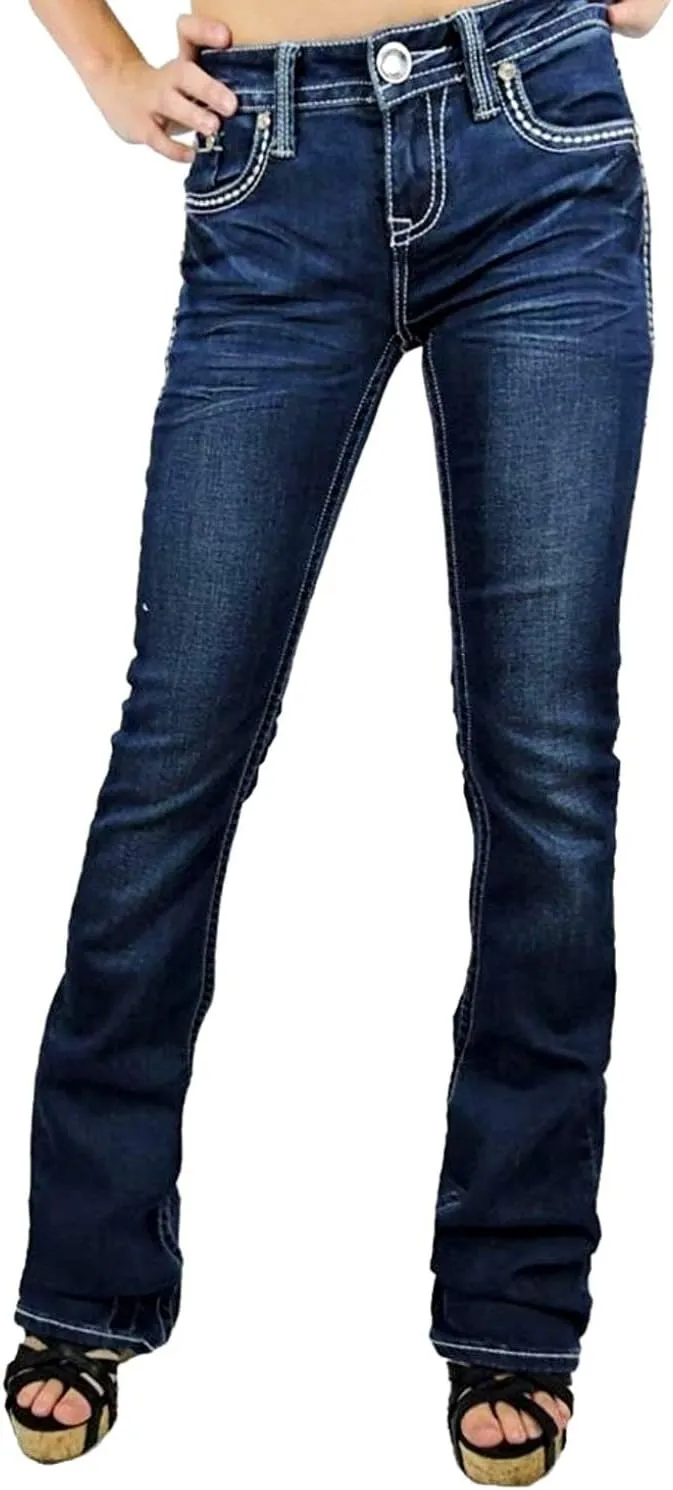 Jack David/LA Idol/Sexy Couture Women's Rhinestone Mid Rise Bootcut/Skinny Blue Stretchy Denim Jeans Pants
