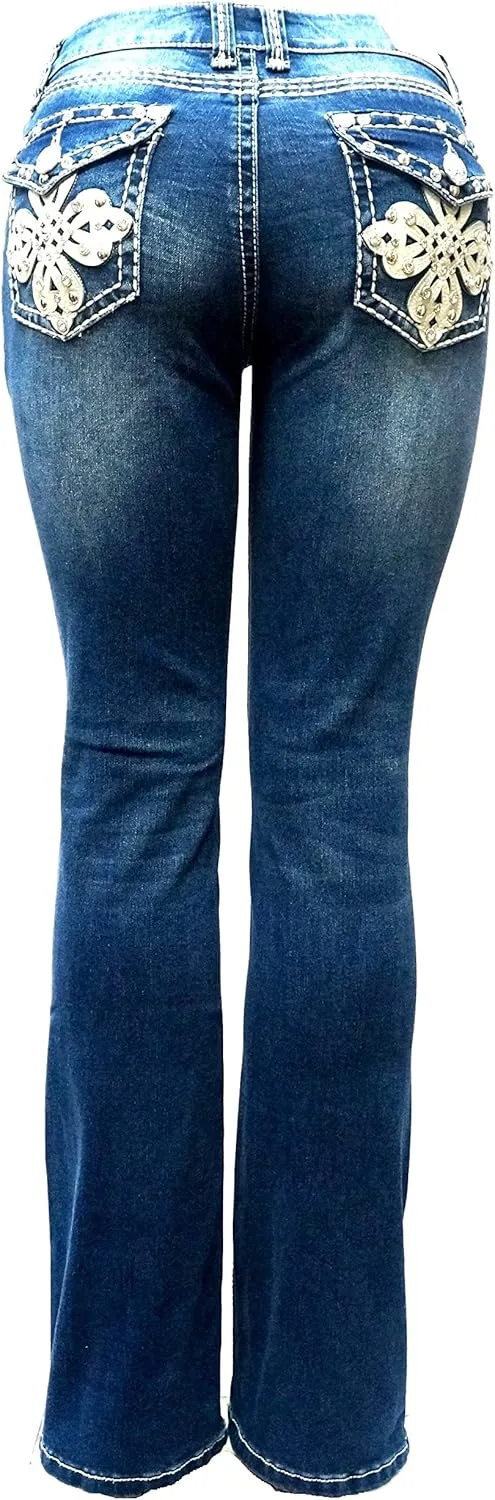 Jack David/LA Idol/Sexy Couture Women's Rhinestone Mid Rise Bootcut/Skinny Blue Stretchy Denim Jeans Pants